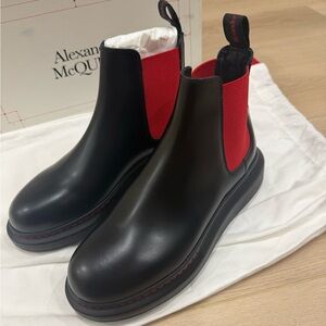 Alexander McQueen Black and Red Ankle Boots with Elastic Panels